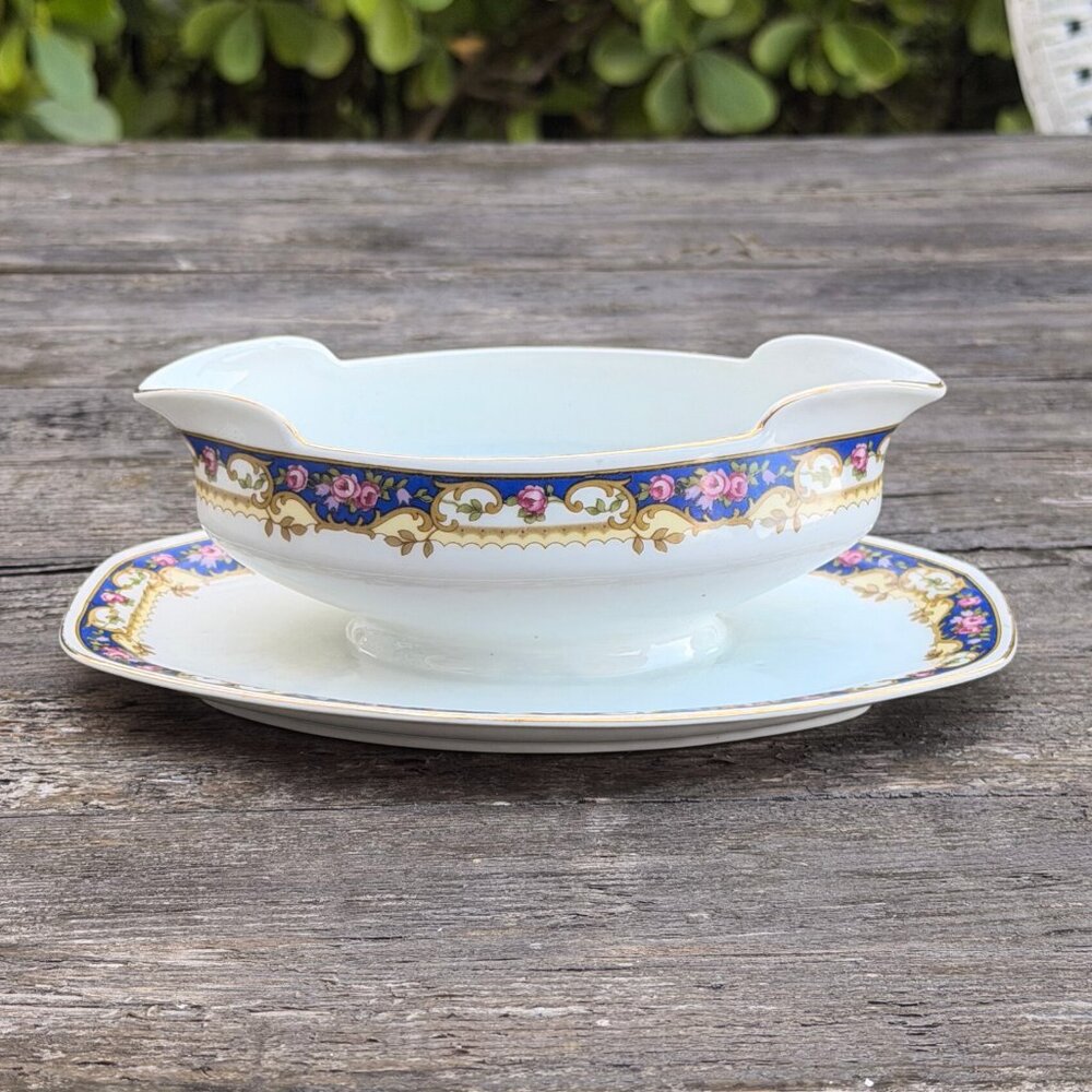 Vintage Czech MZ Gravy Boat Underplate Porcelain Cobalt Blue Gold Pink Roses